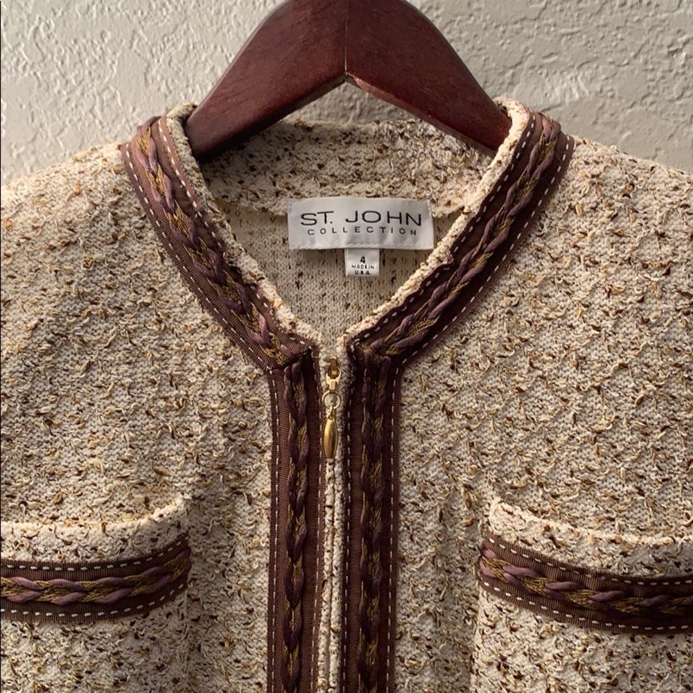 St. John Collection Cream Tweed Knit Jacket with Brown Trim - Picture 2 of 8